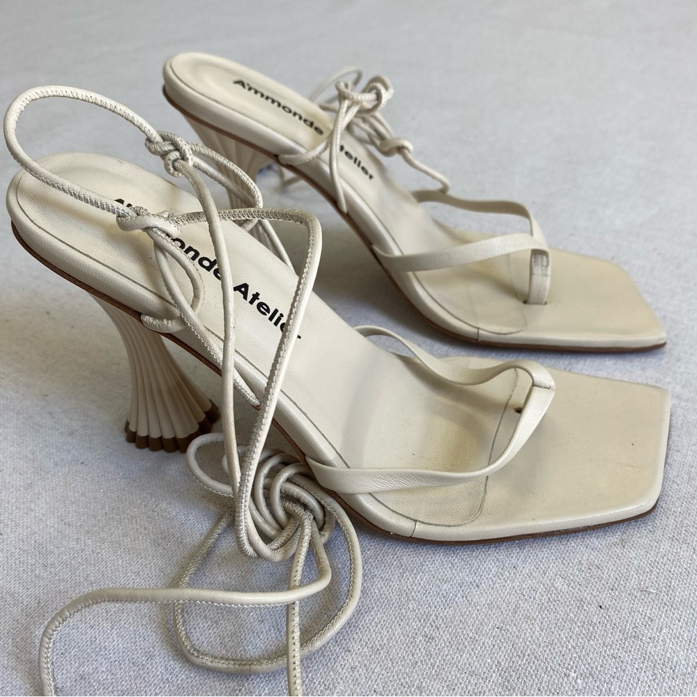 A'mmonde Atelier Square Toe Heels Ivory Anastassia 100 Ankle Tie Size 36.5 - Picture 2 of 10